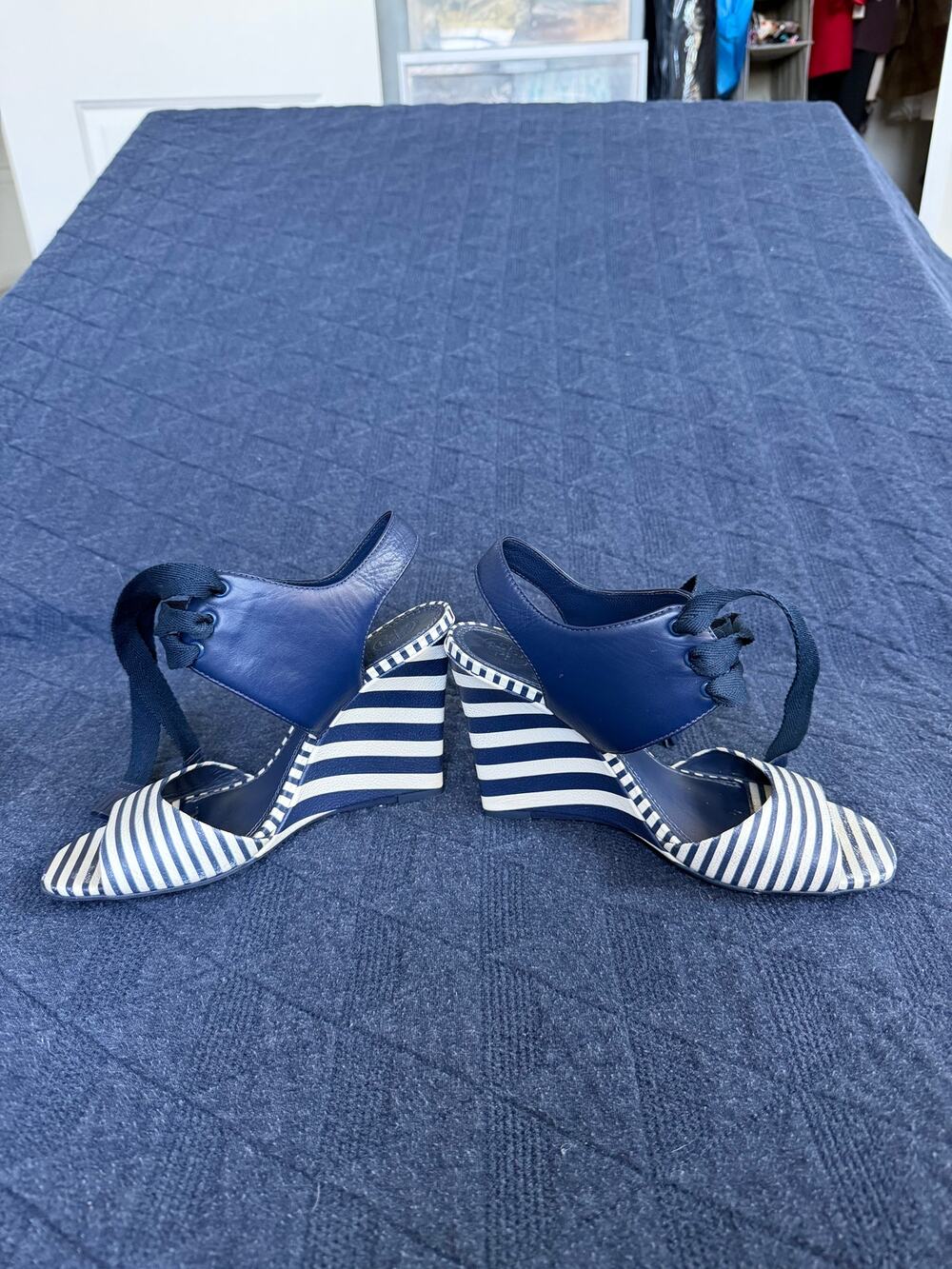 Tory Burch Maritime 100mm Wedge Sandals Navy White Stripe Lace Up